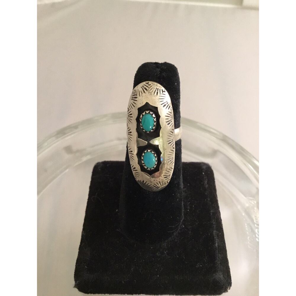 Vintage Navajo Sterling 2 Stone Turquoise Shadowbox Ring Sz 6 Adjustable